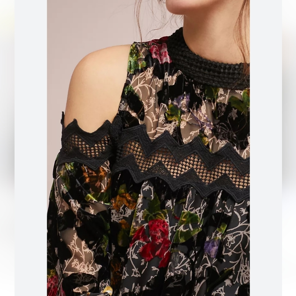 Anthropologie Daniel Rainn Velvet Burnout Floral Open Shoulder Blouse